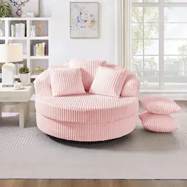Trinkets Crazed - 360° Swivel Oversized Round Chaise Longue Chair Indoor, Modern Upholstered Corduroy Deep Seat Chair - Pink