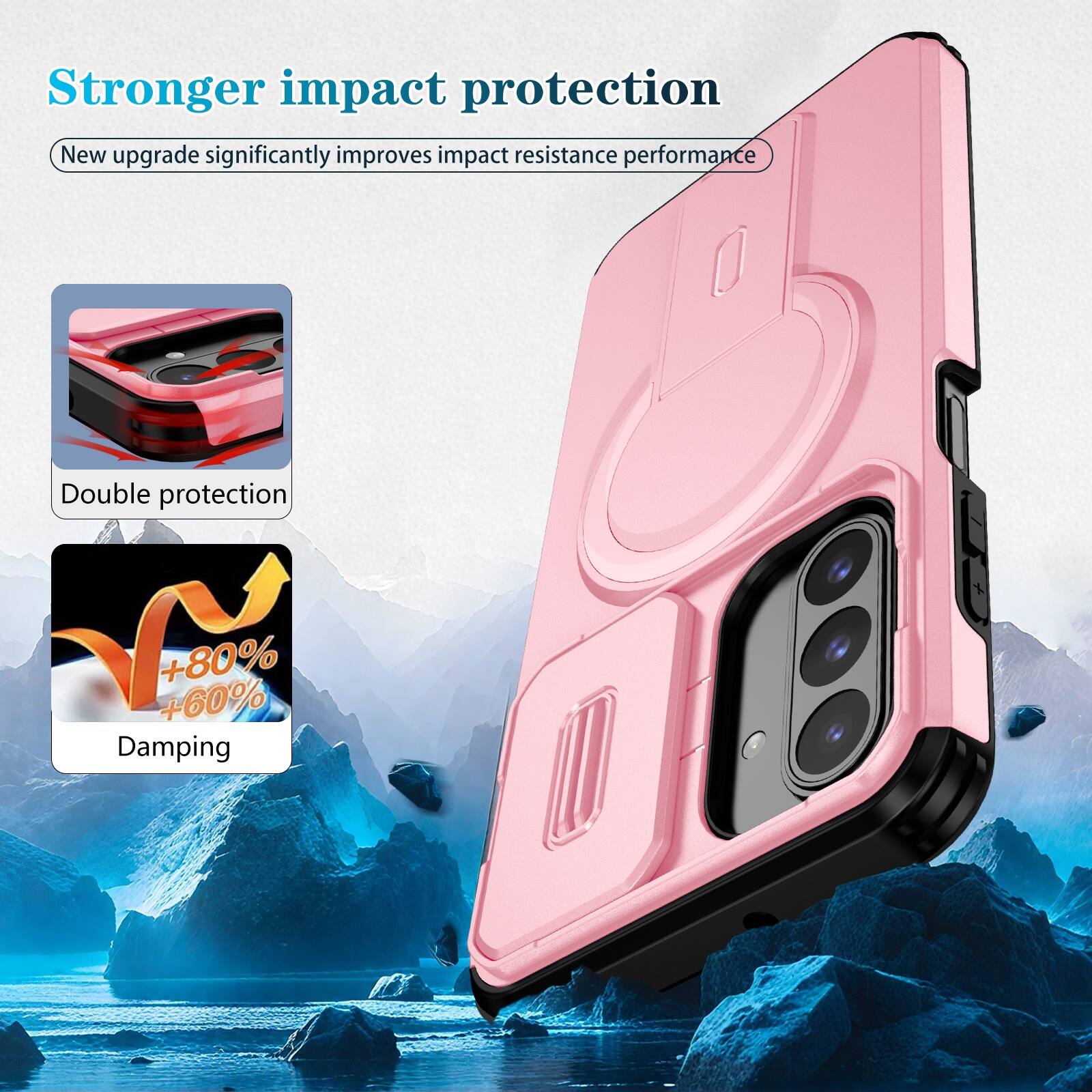 Stronger impact protection  
New upgrade significantly improves impact resistance performance  

Double protection  

+80%  
+60%  

Damping