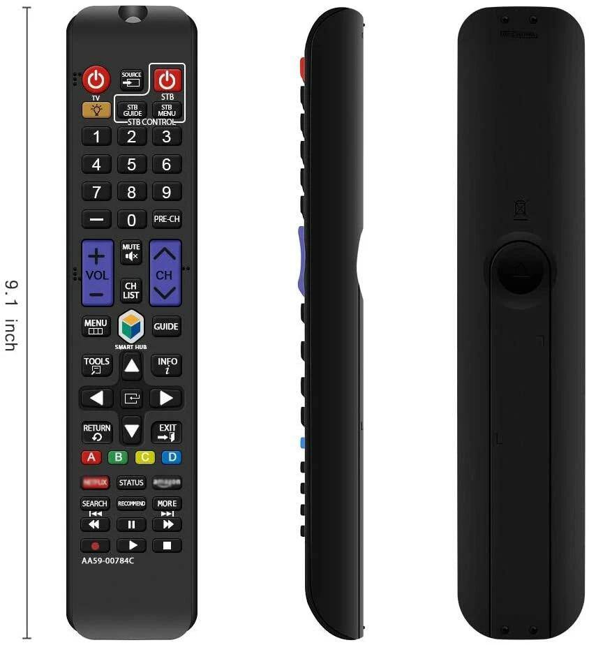 SOURCE TV STB STB GUIDE STB MENU STB CONTROL  
1 2 3 4 5 6 7 8 9 0 PRE-CH  
MUTE + *x X VOL CH CH LIST MENU GUIDE  
SMART HUB TOOLS INFO  
RETURN EXIT A B C D STATUS SEARCH RECOMMEND MORE  
AA59-00784C