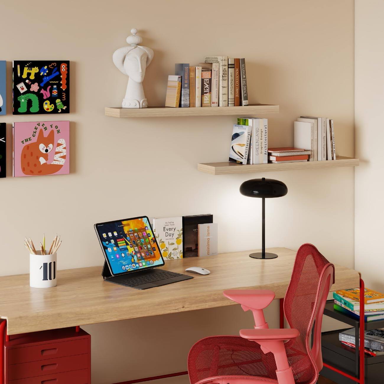 Sure, here is the corrected and grouped text from the image:

**On the Wall:**
- "THE CLEVER FOX"

**On the Shelf:**
- "GREENLAND"
- "ARCHITECTURE"
- "GREENLAND ARCHITECTURE"
- "MINIMALISM"
- "MINIMALISM"

**On the Desk:**
- "Every Day"

**On the Books:**
- "Every Day"
- "MINIMALISM"

**On the Artwork:**
- "n"

**On the Desk Accessories:**
- "11" (on the pen holder)

**On the Books on the Lower Shelf:**
- "Every Day" (on the book spine)

**On the Books on the Upper Shelf:**
- "GREENLAND"
- "ARCHITECTURE"
- "MINIMALISM"

**On the Books on the Right Shelf:**
- "GREENLAND ARCHITECTURE"
- "MINIMALISM"

**On the Books on the Left Shelf:**
- "GREENLAND ARCHITECTURE"
- "MINIMALISM"

**On the Books on the Right Shelf:**
- "GREENLAND ARCHITECTURE"
- "MINIMALISM"

**On the Books on the Left Shelf: