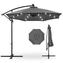 Best Choice Products - 10ft Solar LED Offset Hanging Outdoor Market Patio Umbrella w/ Adjustable Tilt - Gray