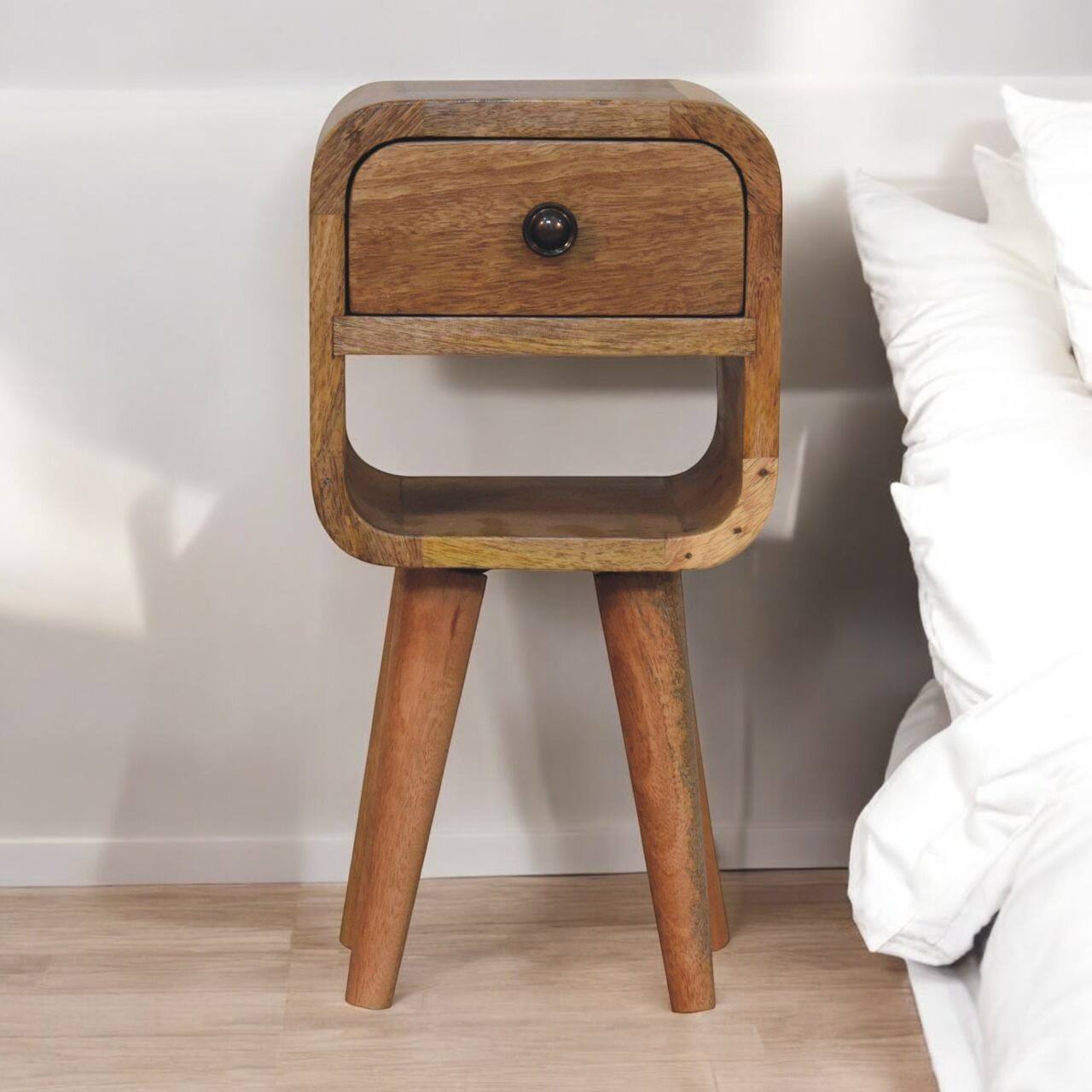 Angle. Artisan Furniture - Artisan Furniture Solid Wood Extra Mini Oak-ish Curve Lower Bedside, 1 Drawer, 1 Open Slot, Nordic Legs, Light Brown - Oak.