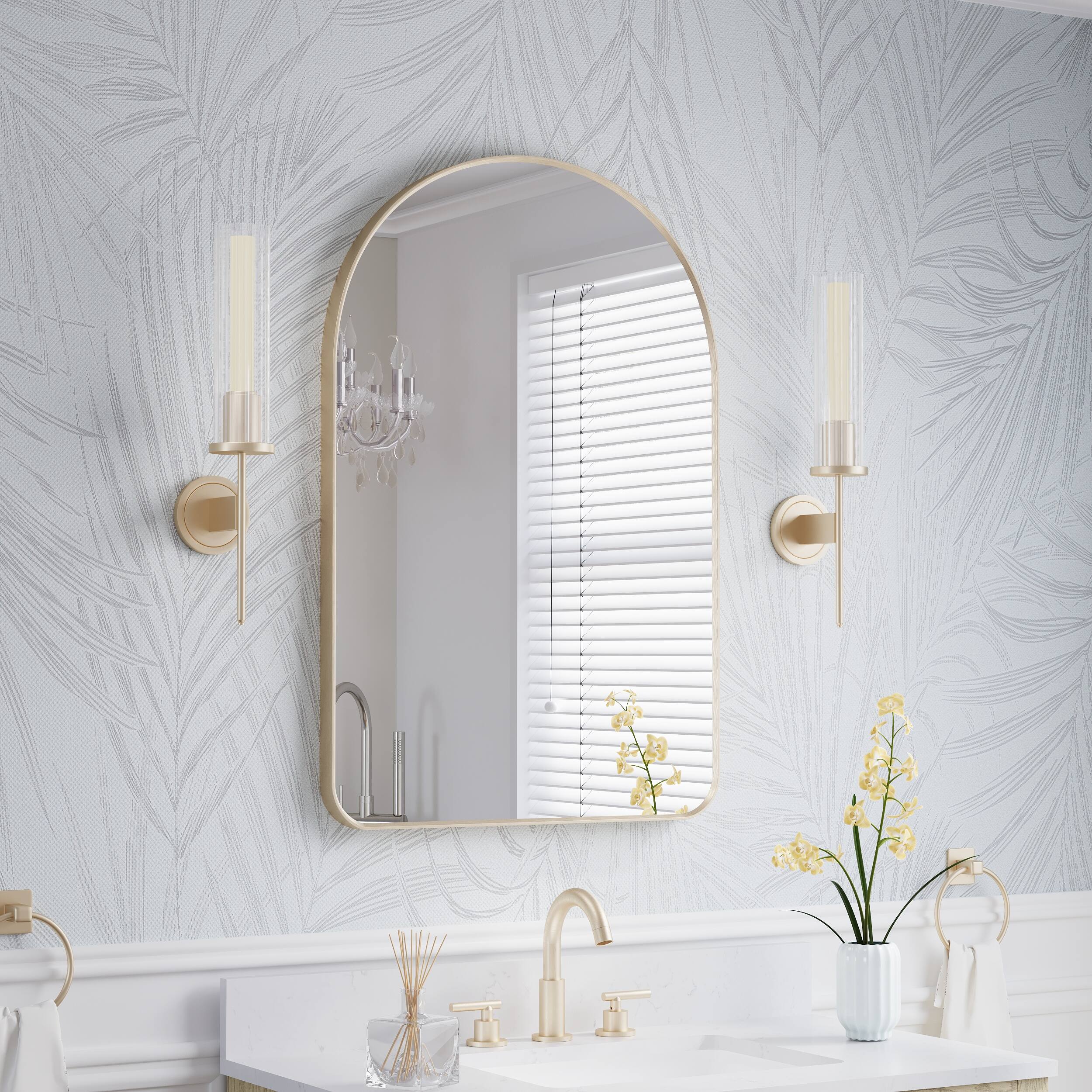 Back. WELLFOR - 24 in. W x 36 in H Arch Anodized Aluminum Framed Bathroom Vanity Mirror - Brushed Gold.