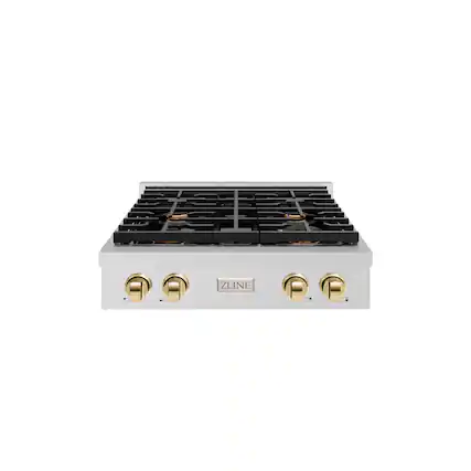 Front. ZLINE - 30 in. Wide 4 Burner AutographParamount Gas Rangetop with Gold Accents (SRTSZ-30-G) - Stainless Steel.