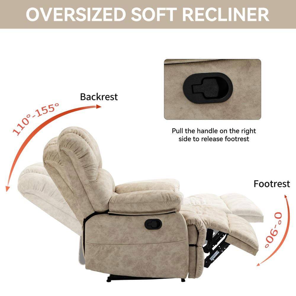 **OVERSIZED SOFT RECLINER**

- **Backrest:** 110°-155°
- **Footrest:** 0°-90°

**Instructions:**
- Pull the handle on the right side to release footrest.
