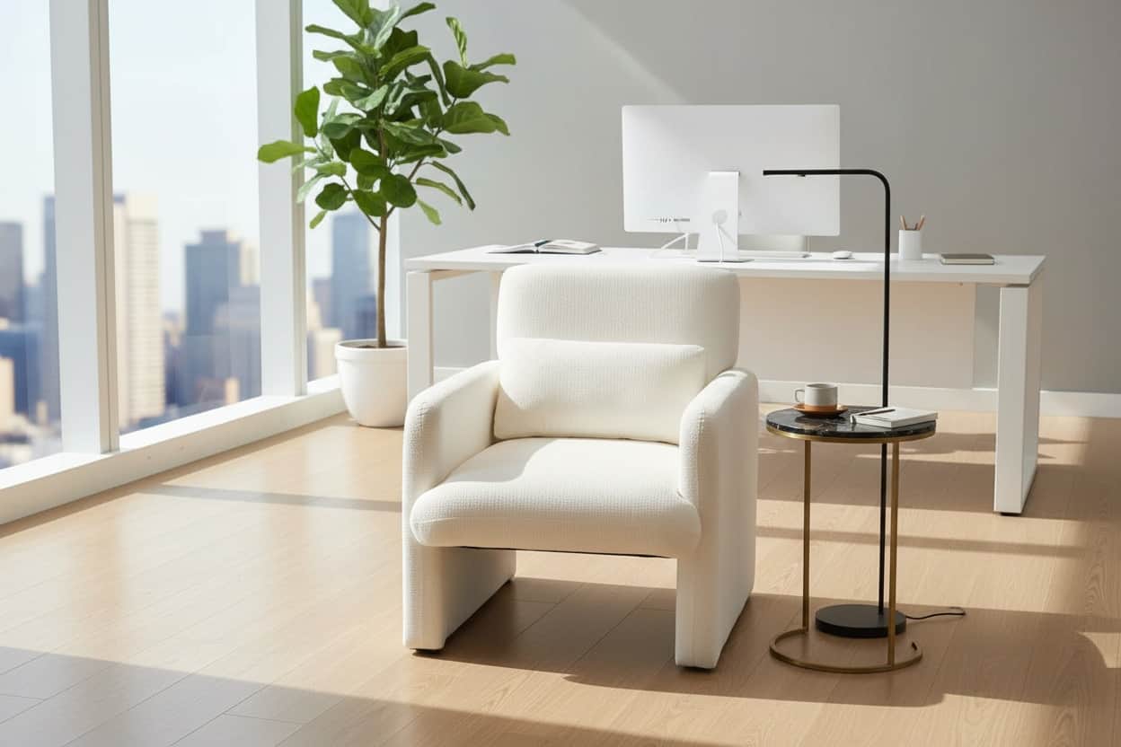 Forest'nSky - Modern Office Chair in White Boucle Fabric - Upholstered Ergonomic Armchair for Desk & Lounge - Ancient White