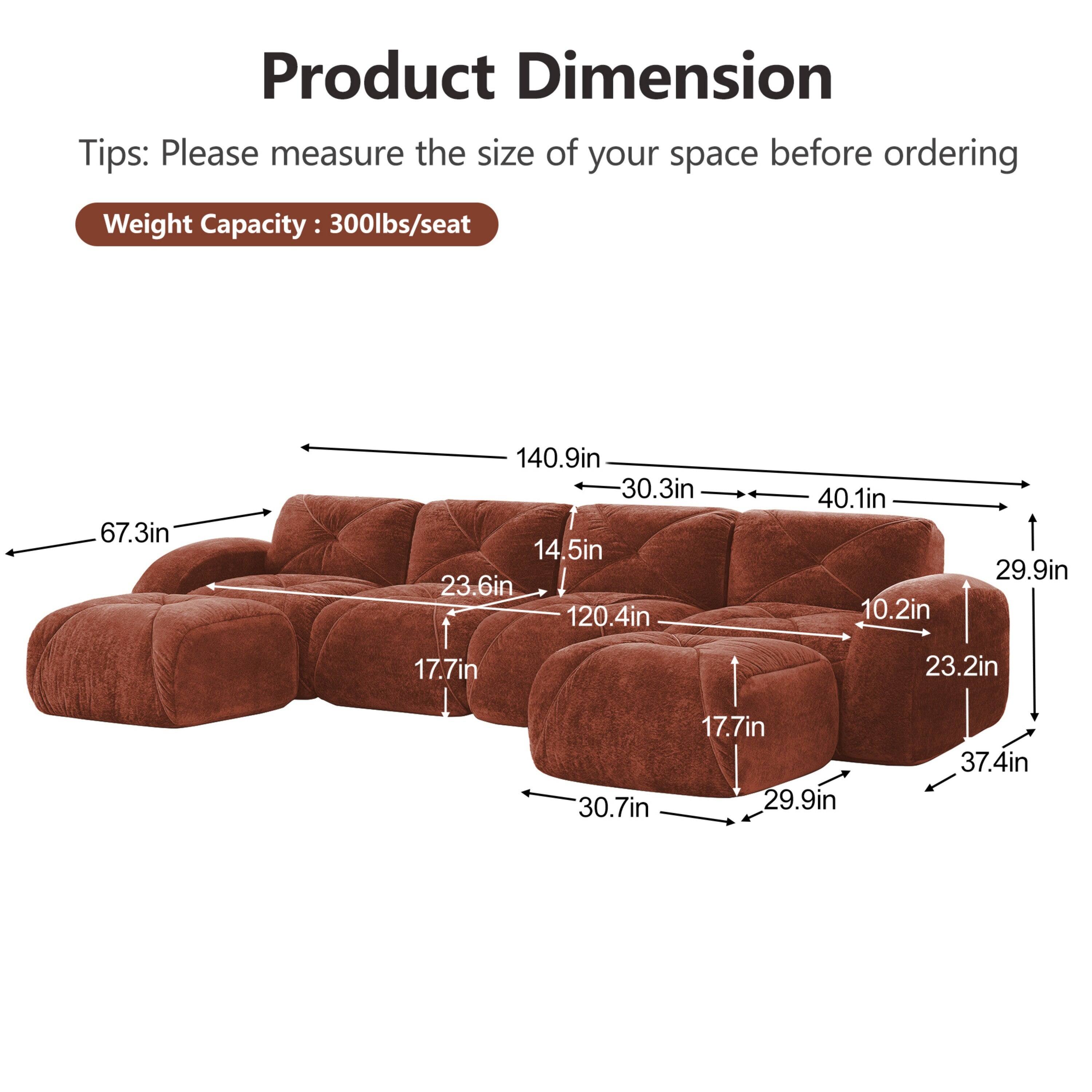 Product Dimension  
Tips: Please measure the size of your space before ordering  
Weight Capacity: 300lbs/seat  

67.3in  
140.9in  
30.3in  
14.5in  
23.6in  
120.4in  
40.1in  
10.2in  
29.9in  
17.7in  
23.2in  
30.7in  
17.7in  
29.9in  
37.4in