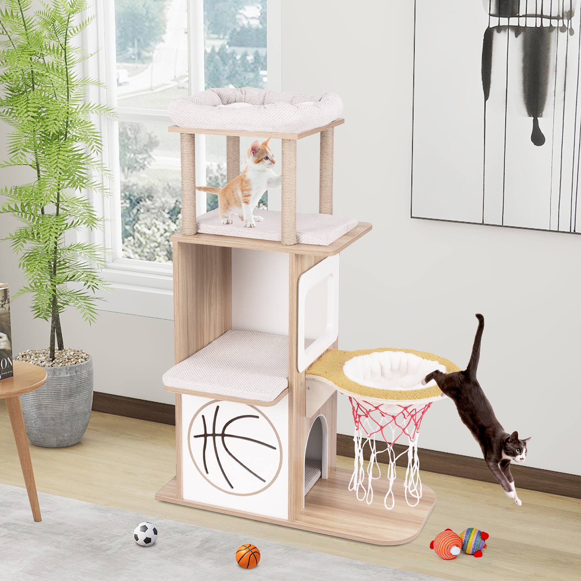 Alt View 3. Gymax - Gymax 47'' Wooden Cat Tree w/ 2-Story Cat Condo 2 Perches Basketball Hoop Hammock.