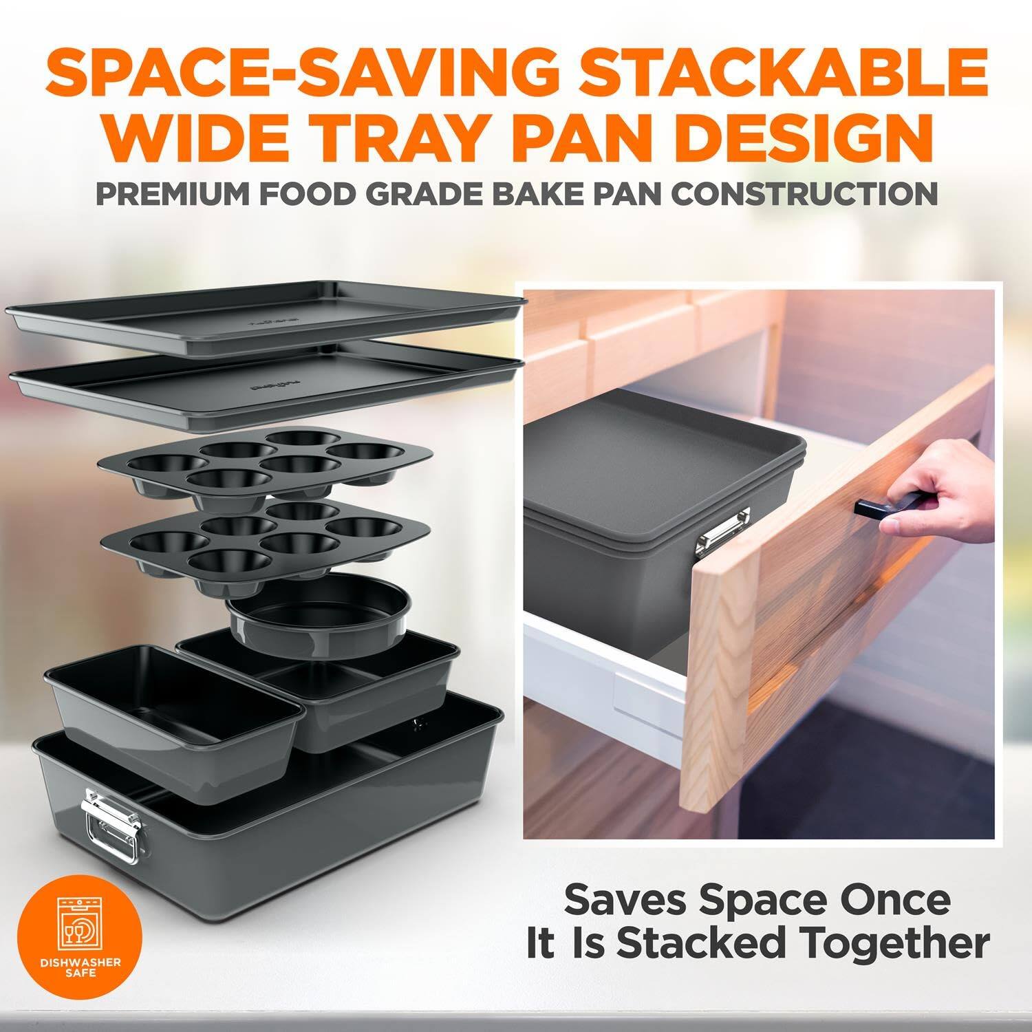 SPACE-SAVING STACKABLE WIDE TRAY PAN DESIGN, PREMIUM FOOD GRADE BAKE PAN CONSTRUCTION, DISHWASHER SAFE, Saves Space Once It Is Stacked Together