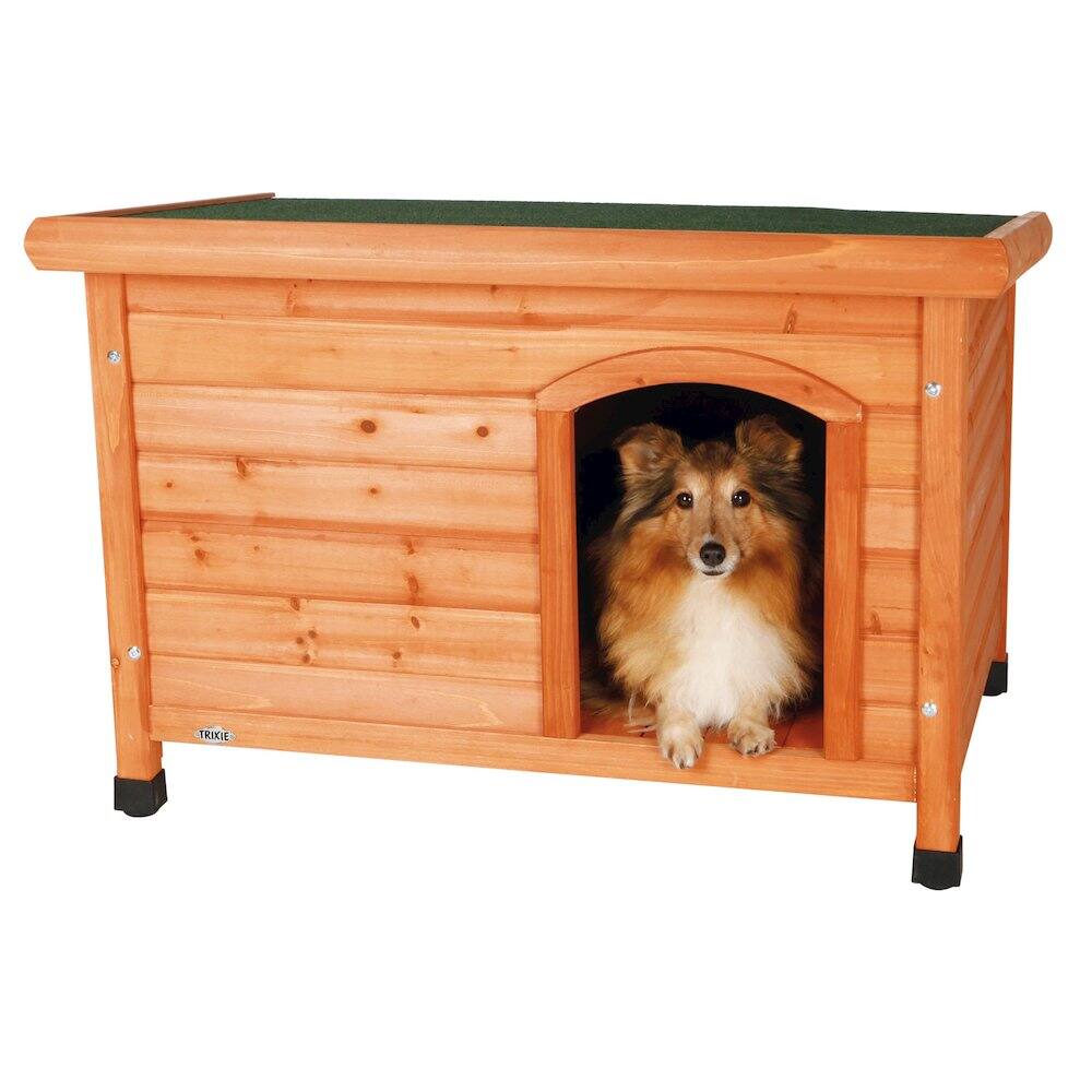 Left. TRIXIE - Natura Classic Elevated Weatherproof Wooden Outdoor Dog House Roof - Brown.