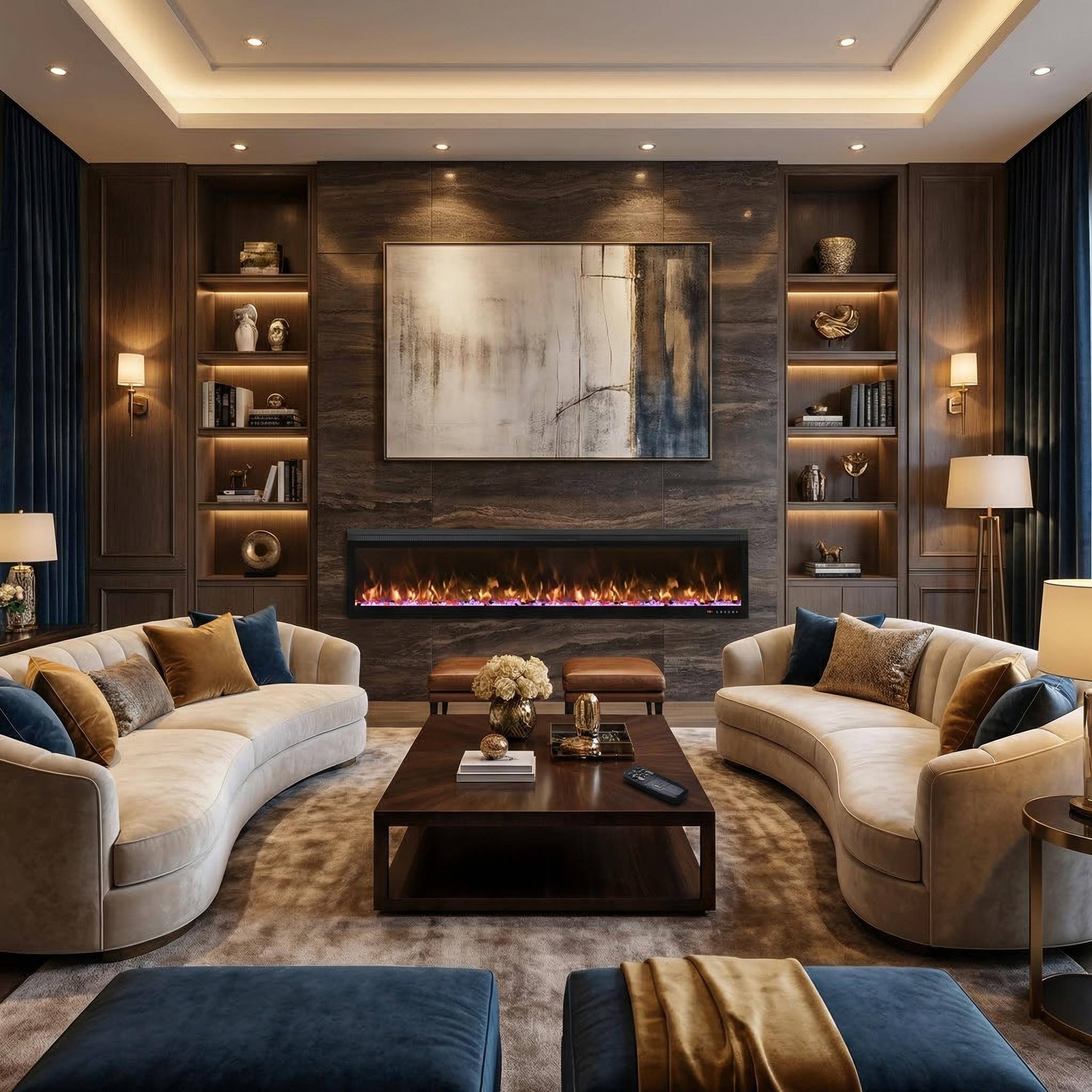 Angle. Mondawe - 78" Linear Recessed-in Electric Fireplace with Remote Control, Adjustable Heat & Timer - Black.