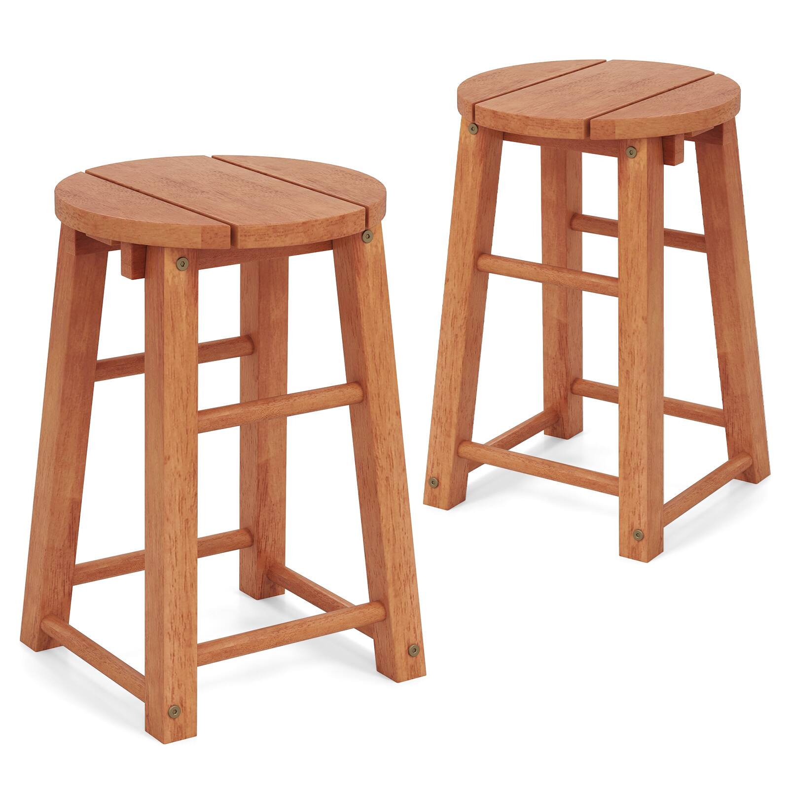 Gymax - Outdoor Wood Bar Stools Set of 2 w/Round Seat Footrest Patio Backless Barstools - Natural
