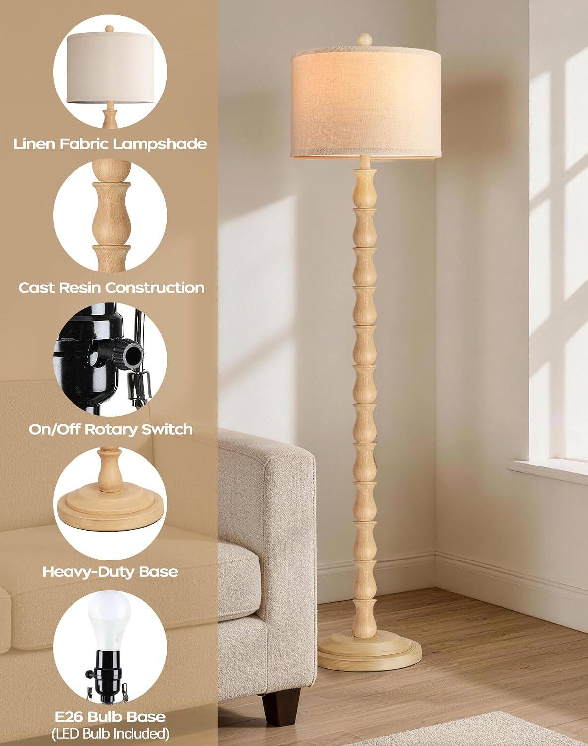 Linen Fabric Lampshade  
Cast Resin Construction  
On/Off Rotary Switch  
Heavy-Duty Base  
E26 Bulb Base (LED Bulb Included)