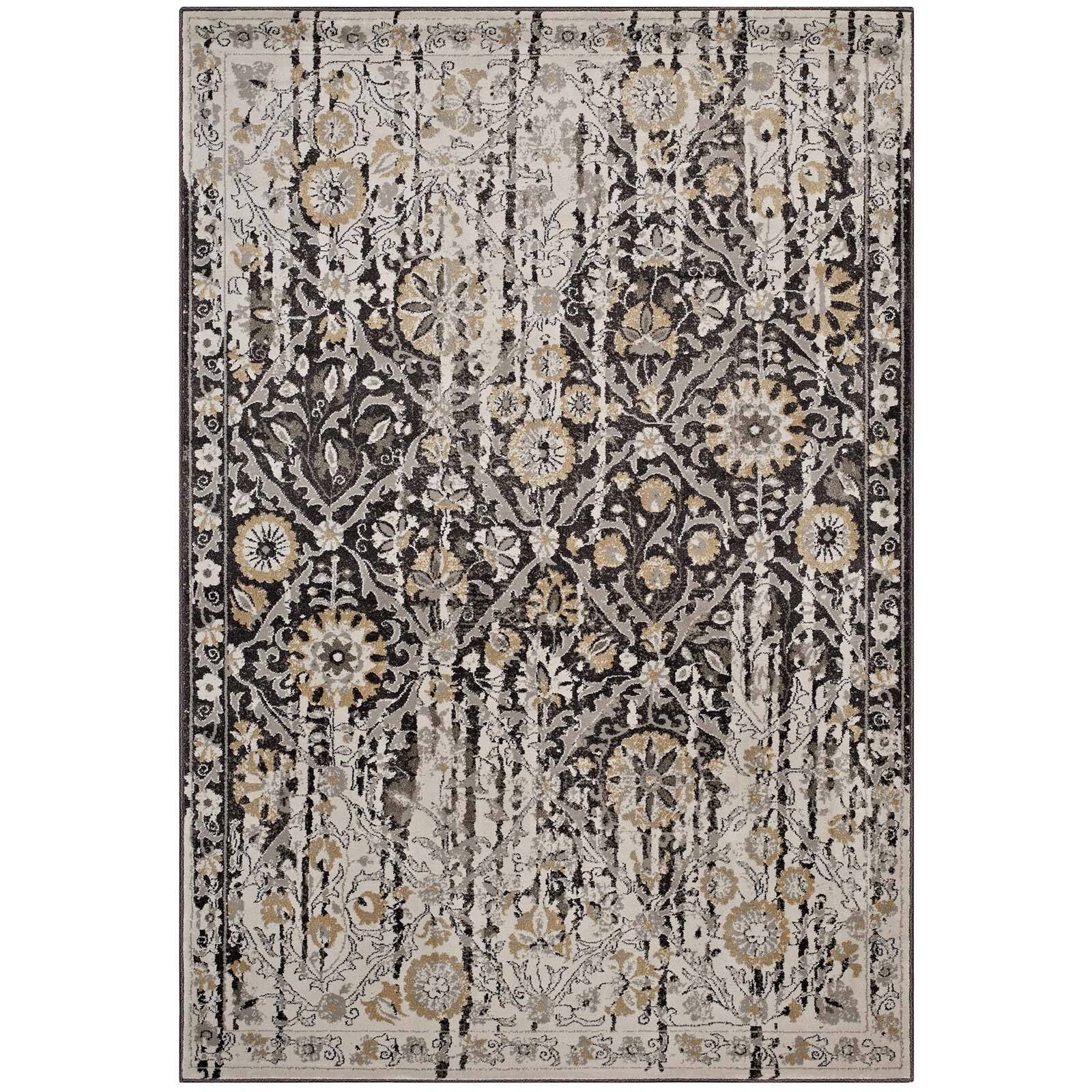 Angle. Modway - Ganesa Distressed Diamond Floral Lattice Area Rug - Black and Beige.