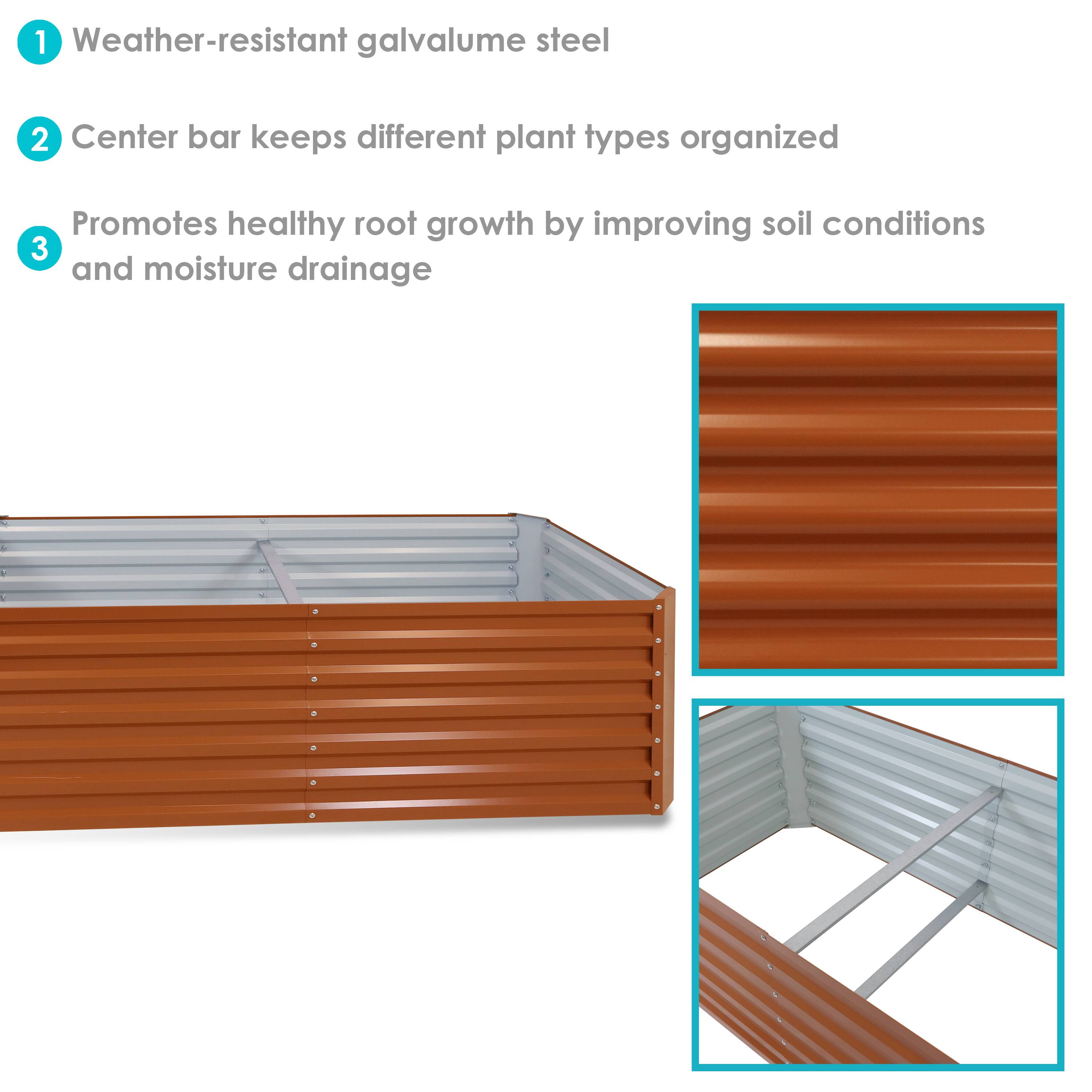1. Weather-resistant galvalume steel  
2. Center bar keeps different plant types organized  
3. Promotes healthy root growth by improving soil conditions and moisture drainage