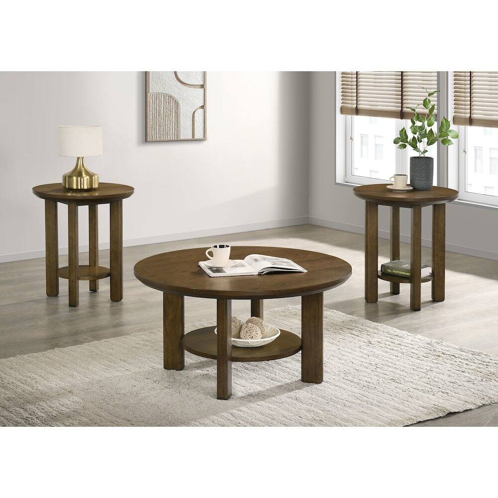 Angle. Coaster Co. of America - Ottowa 3-piece Round Wood Coffee Table Set Brown - Brown.