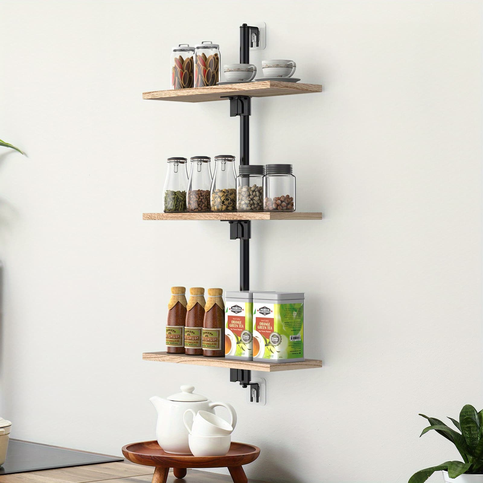 Oumilen - 3-Tier No-Drill Adhesive Wall Floating Shelves, 15.6 x 5.9 in Wood-Look Storage Shelf for Kitchen Bathroom Living Room - Light Wood