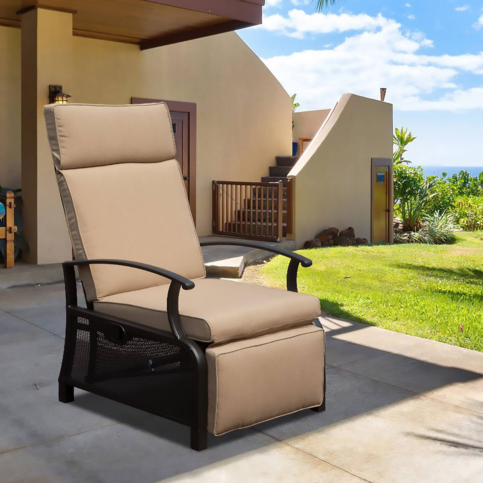 Front. Mondawe - Outdoor Lounge Chair with Flip Table Push Back and Adjustable Angle - Beige.