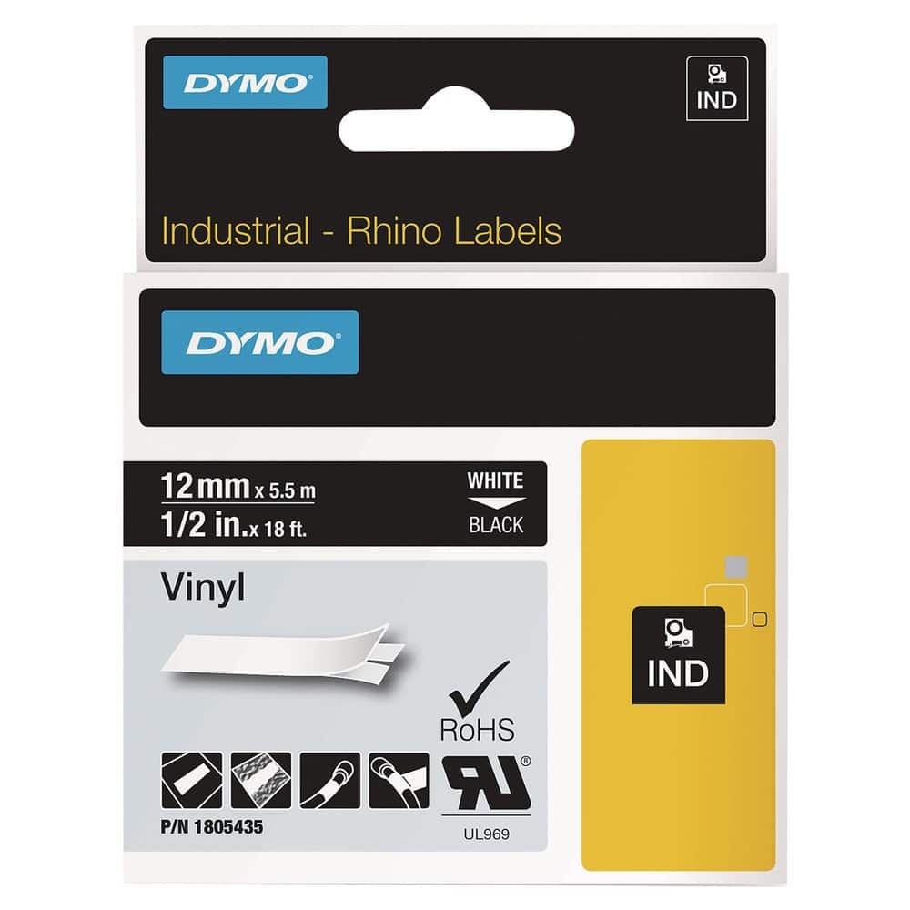 DYMO - 1805435 Rhino 0.5 in. x 18 ft. Permanent Vinyl Industrial Label Tape - /White Print (1-Roll) - Black