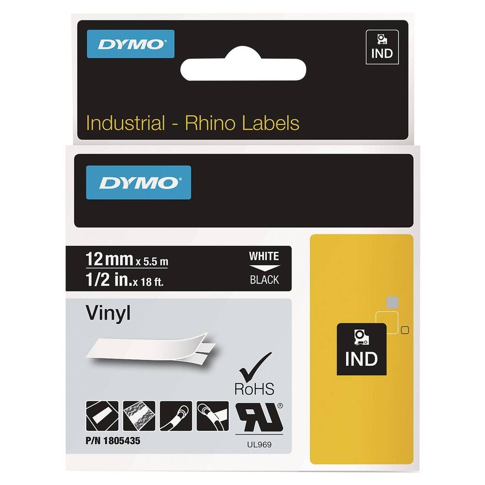 DYMO IND Industrial - Rhino Labels  
DYMO 12 mm x 5.5 m 1/2 in. x 18 ft. WHITE BLACK Vinyl  
IND P/N 1805435  
RoHS IR UL969