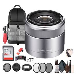 Bundle - Sony - E 30mm f/3.5 Macro Lens (SEL30M35) + 64GB Memory Card + More - Black