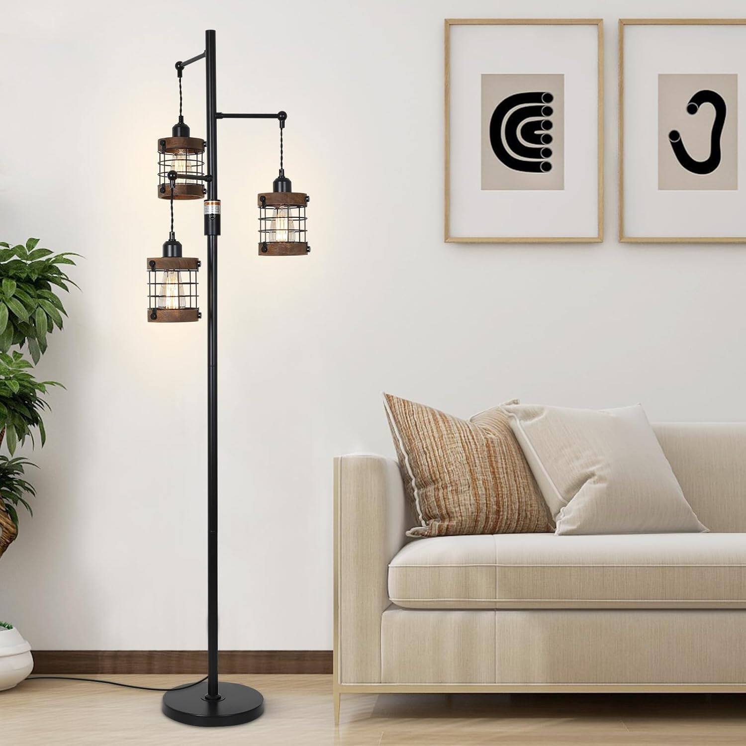 Alt View 3. Z-Edge - Dimmable Floor Lamps for Living Room, 3-Light Industrial Floor Lamp with Wood & Metal Cage, Standing Lamp Tall Tree Lamp - Black.