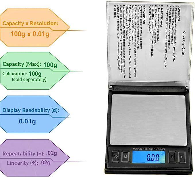 Capacity x Resolution: 100g x 0.01g  
Capacity (Max): 100g  
Calibration: 100g (sold separately)  

Display Readability (d): 0.01g  
Repeatability (±): 0.02g  
Linearity (±): 0.02g  

OPERATION:  
1. Turn on the scale.  
2. Press the "TARE" button to zero the scale.  
3. Place the object(s) on the platform.  
4. Press the "CAL" button to calibrate the scale.  
5. Wait for the display to show "0.000g".  

WEIGHING:  
1. Place the object(s) on the platform.  
2. Press the "CAL" button to calibrate the scale.  
3. Wait for the display to show the net weight.  

Quick User Guide:  
- Press the "TARE" button to zero the scale.  
- Press the "CAL" button to calibrate the scale.  
- Wait for the display to show "0.000g".  
- Place the object(s) on the platform.  
-