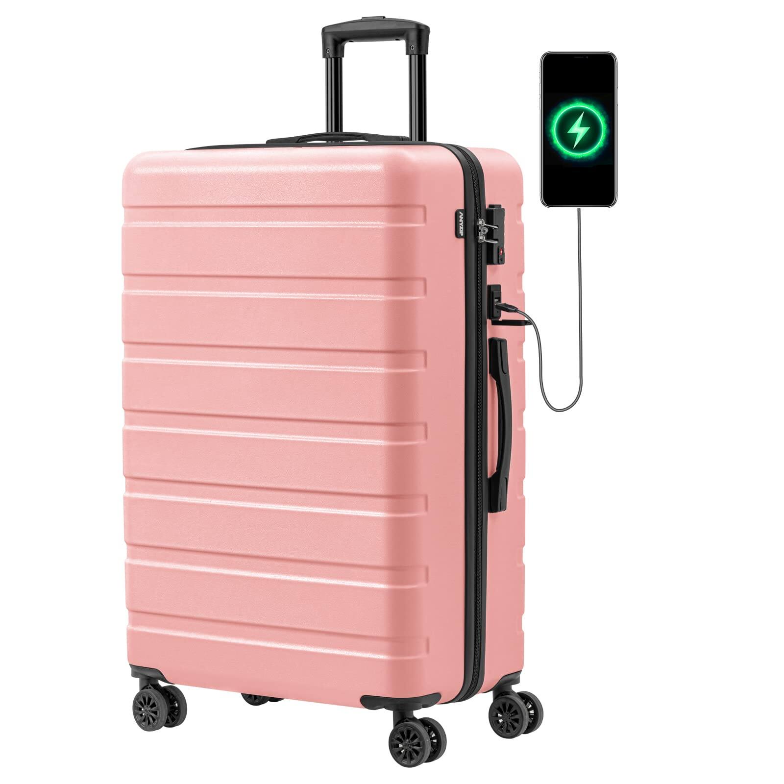 Front. Brick Attic - 28 Inch Suitcase Hardside PC ABS Lightweight USB Luggage with Wheels TSA Lock Checked-Large - Pink.