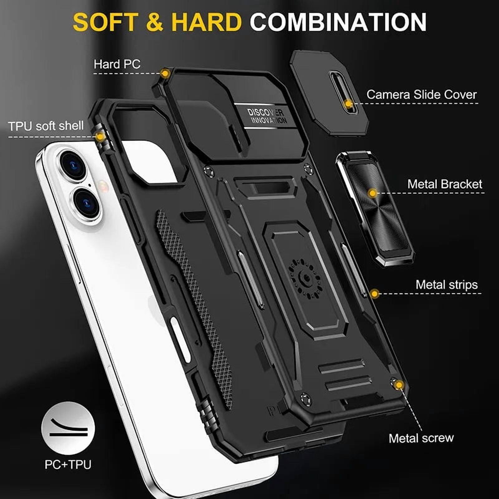 SOFT & HARD COMBINATION

- Hard PC
- TPU soft shell
- Camera Slide Cover
- Metal Bracket
- Metal strips
- Metal screw
- PC+TPU