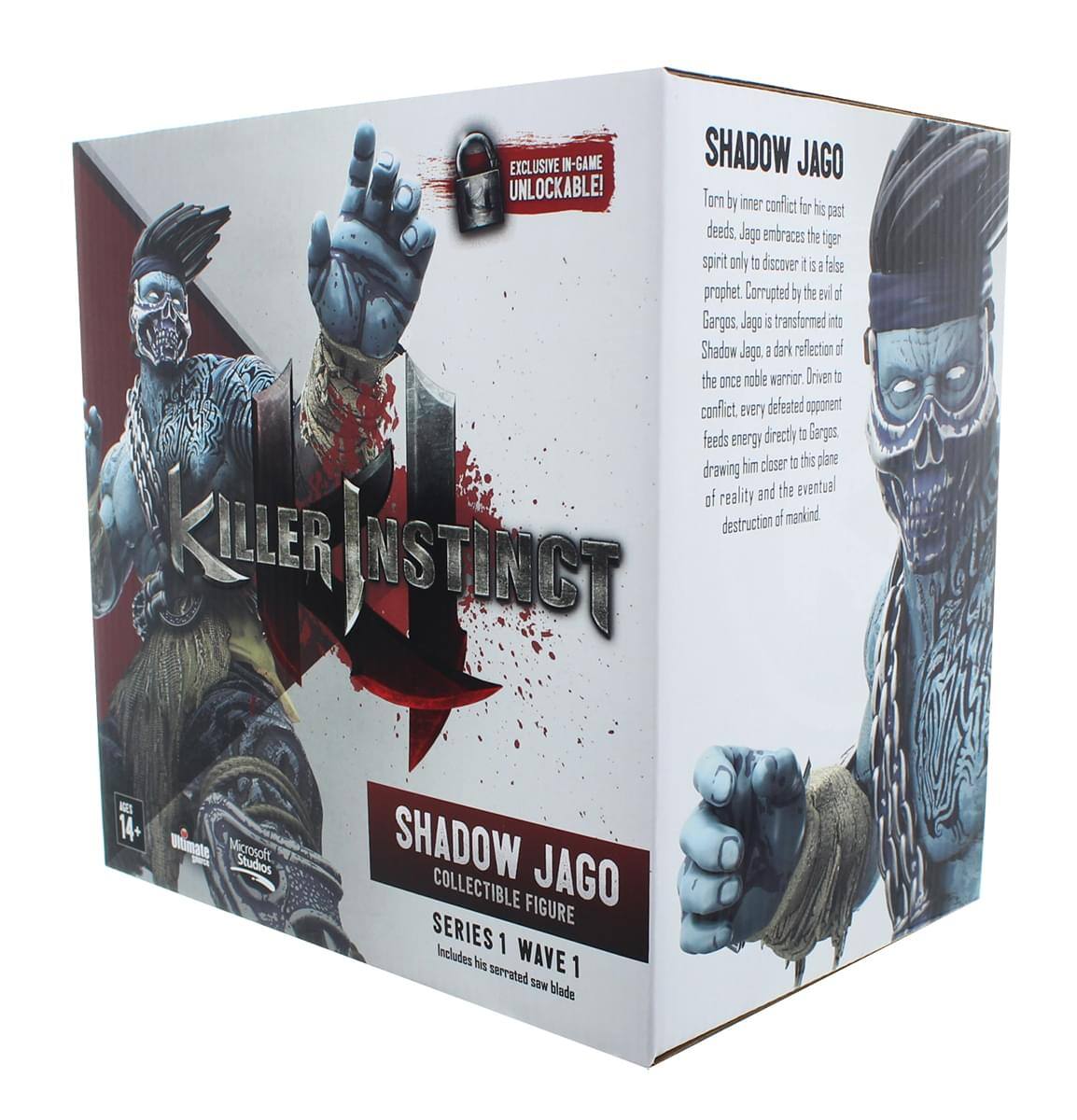 EXCLUSIVE IN-GAME SHADOW JAGO UNLOCKABLE!  
Torn by inner conflict for his past deeds, Jago embraces the tiger spirit only to discover it is a false prophet. Corrupted by the evil of Gargos, Jago is transformed into Shadow Jago, a dark reflection of the once noble warrior. Driven to conflict, every defeated opponent feeds energy directly to Gargos, drawing him closer to this plane of reality and the eventual destruction of mankind.  
KILLER INSTINCT  
14+  
Microsoft Studios  
SHADOW JAGO COLLECTIBLE FIGURE SERIES 1  
Includes his WAVE 1 serrated sword blade