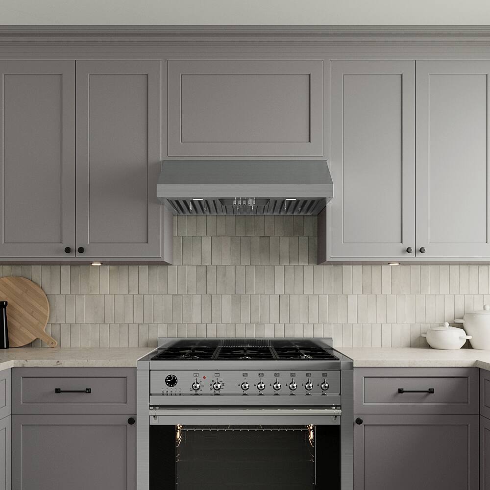 Left. Streamline - 30 in. Anfo Convertible Undermount 406 CFM Range Hood, Baffle Filters, Push Button Control, LED Lights - Brushed Stainless Steel.