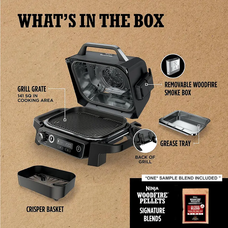 What's in the Box:

* Grill Grate: 141 sq in cooking area
* Removable Woodfire Smoke Box
* Grease Tray
* Back of Grill
* Crisper Basket
* Ninja Woodfire Pellets
* Signature Blends
* Hickory Woodfire Pellets
* Maple Woodfire Pellets
* Cherry Woodfire Pellets
* Apple Woodfire Pellets
* Crisper Basket
* Ninja Woodfire Pellets
* Signature Blends
* Hickory Woodfire Pellets
* Maple Woodfire Pellets
* Cherry Woodfire Pellets
* Apple Woodfire Pellets