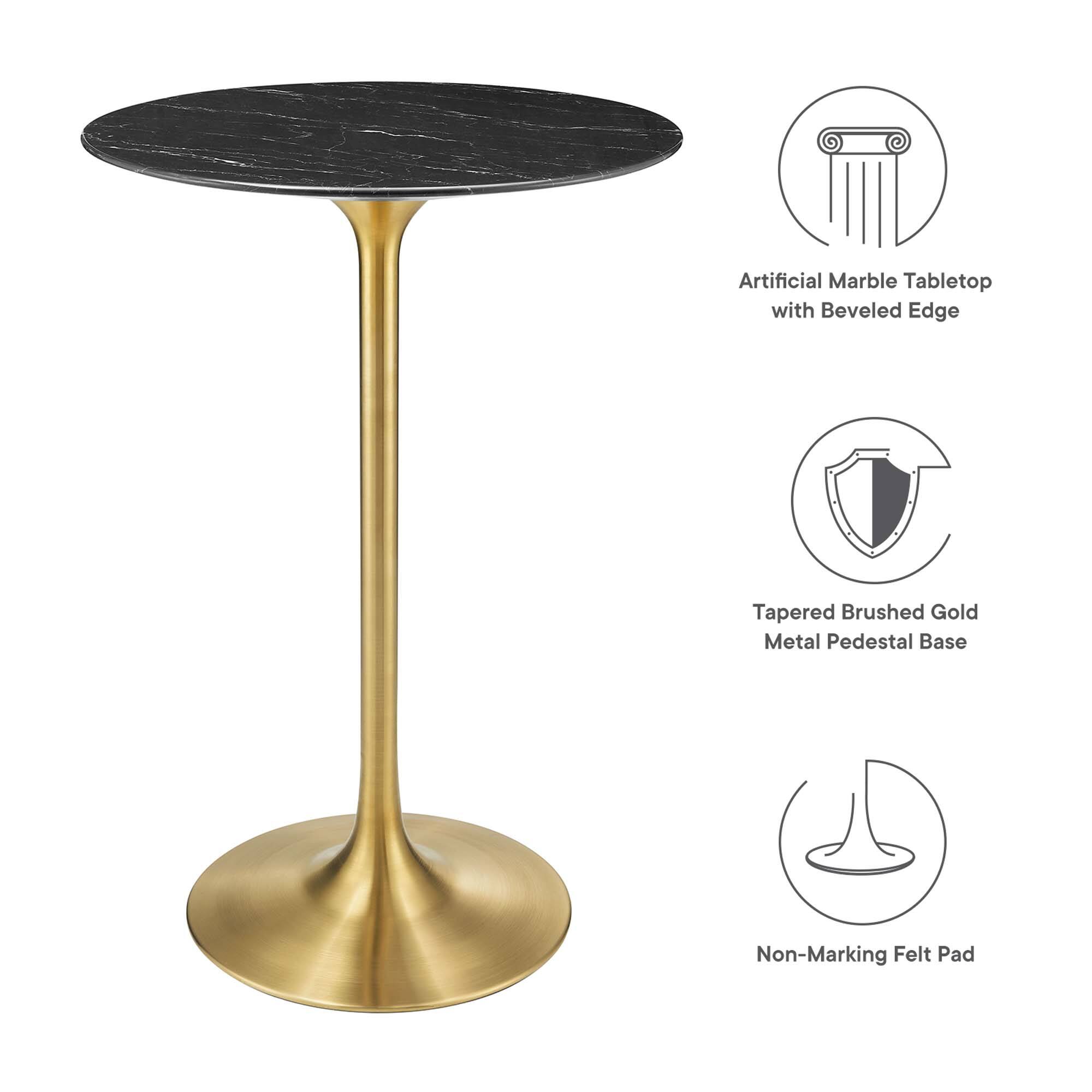 Artificial Marble Tabletop with Beveled Edge  
Tapered Brushed Gold Metal Pedestal Base  
Non-Marking Felt Pad