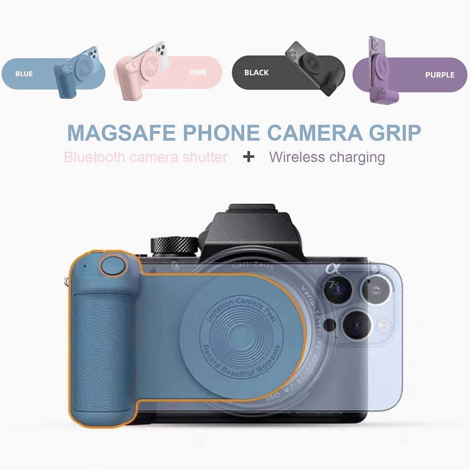 BLUE PINK BLACK PURPLE MAGSAFE PHONE CAMERA GRIP Bluetooth camera shutter + Wireless charging

MAGSAFE PHONE CAMERA GRIP
Bluetooth camera shutter + Wireless charging