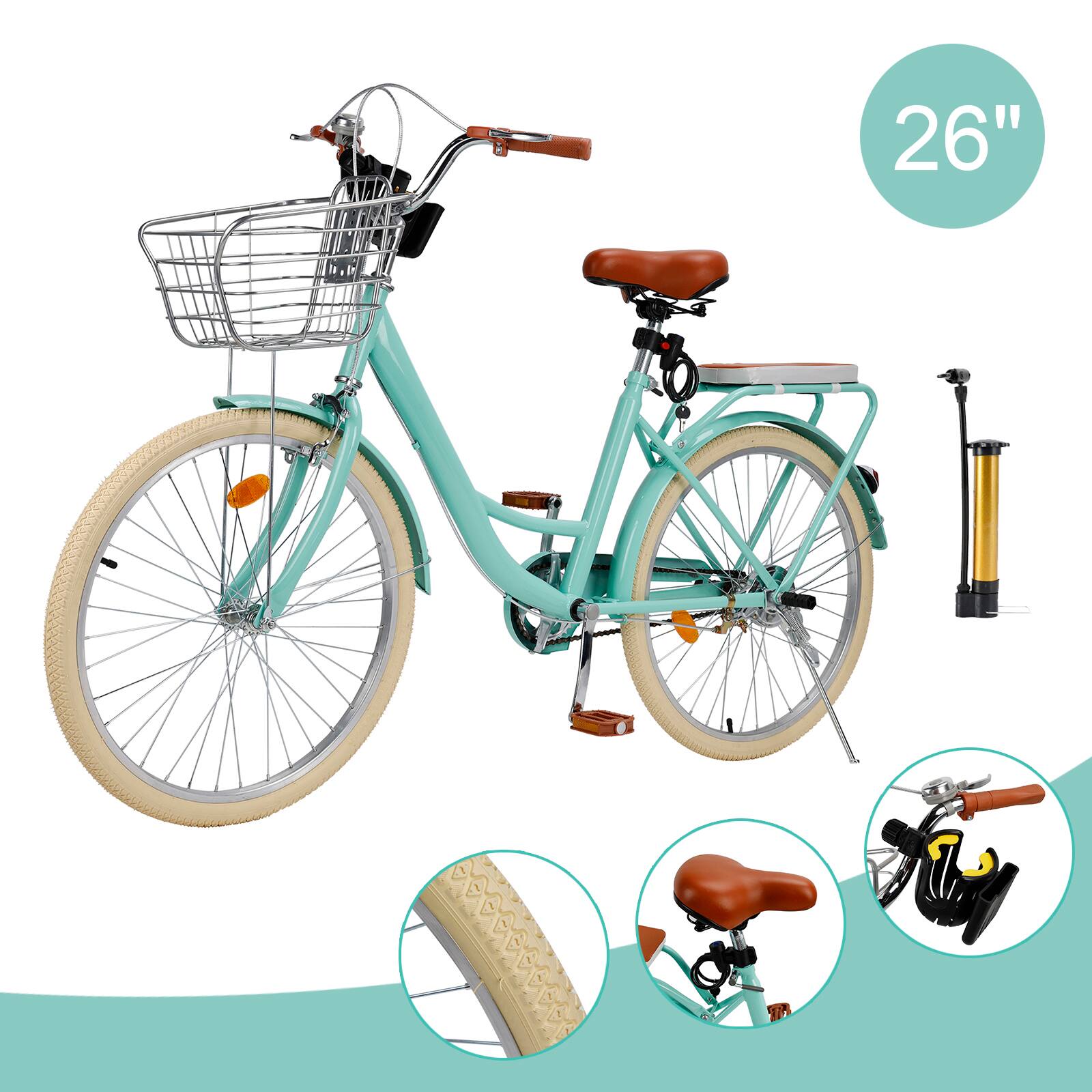 Back. Topteng - 26" Beach Cruiser Bike for Men/Women with Cup Holder, High Carbon Steel Frame, Dual Brakes, Rear Rack and Basket, Green - Green.