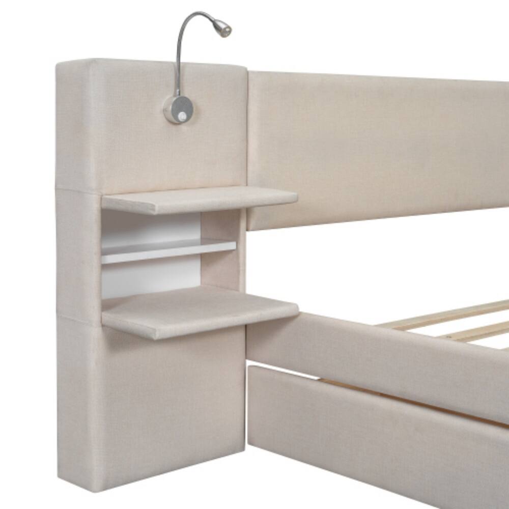 Angle. LUCKY ONE - Queen Size Upholstered Platform Bed with Reading Lights, Drawers, Trundle, Storage Shelves, Linen Fabric - Beige.