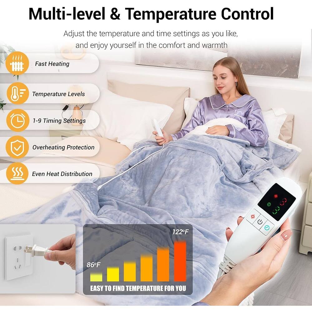 Multi-level & Temperature Control

Adjust the temperature and time settings as you like, and enjoy yourself in the comfort and warmth

- Fast Heating
- Temperature Levels
- 1-9 Timing Settings
- Overheating Protection
- Even Heat Distribution

EASY TO FIND TEMPERATURE FOR YOU

122°F

86°F