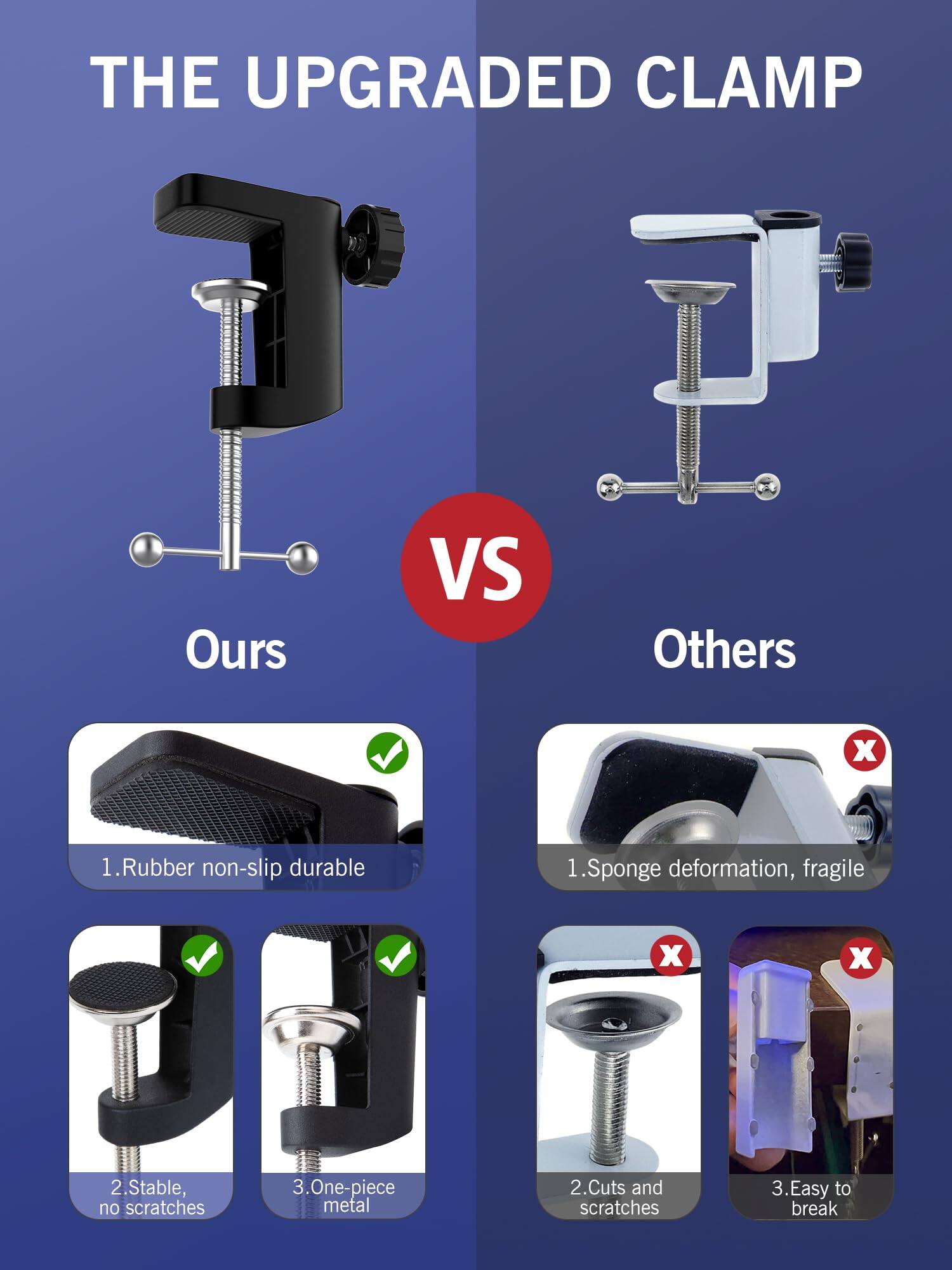 **THE UPGRADED CLAMP**

**Ours**  
1. Rubber non-slip durable  
2. Stable, no scratches  
3. One-piece metal  

**VS**  

**Others**  
1. Sponge deformation, fragile  
2. Cuts and scratches  
3. Easy to break