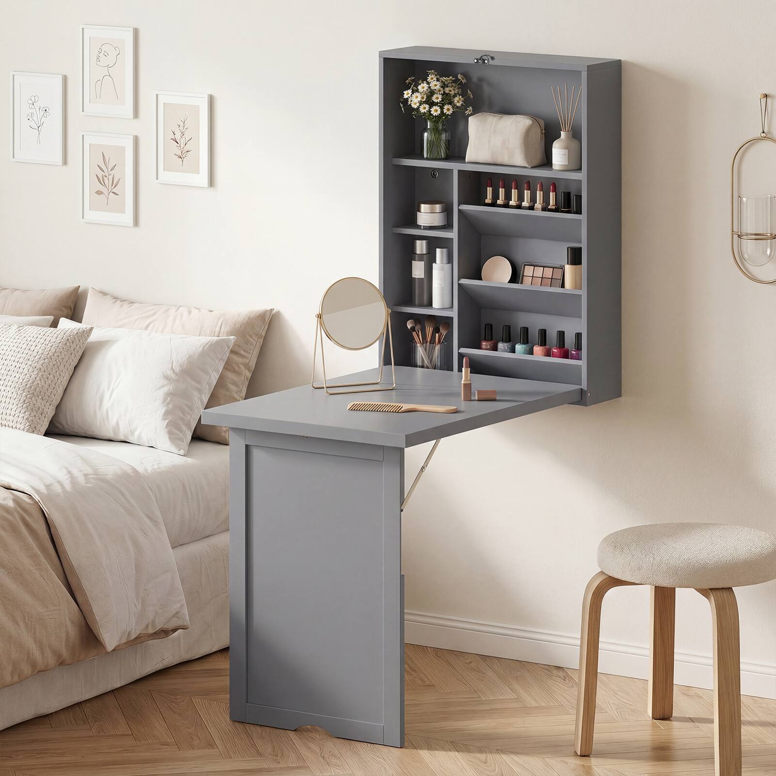 Alt View 3. Costway - Wall Mounted Computer Convertible Desk with Bookcases - Grey.