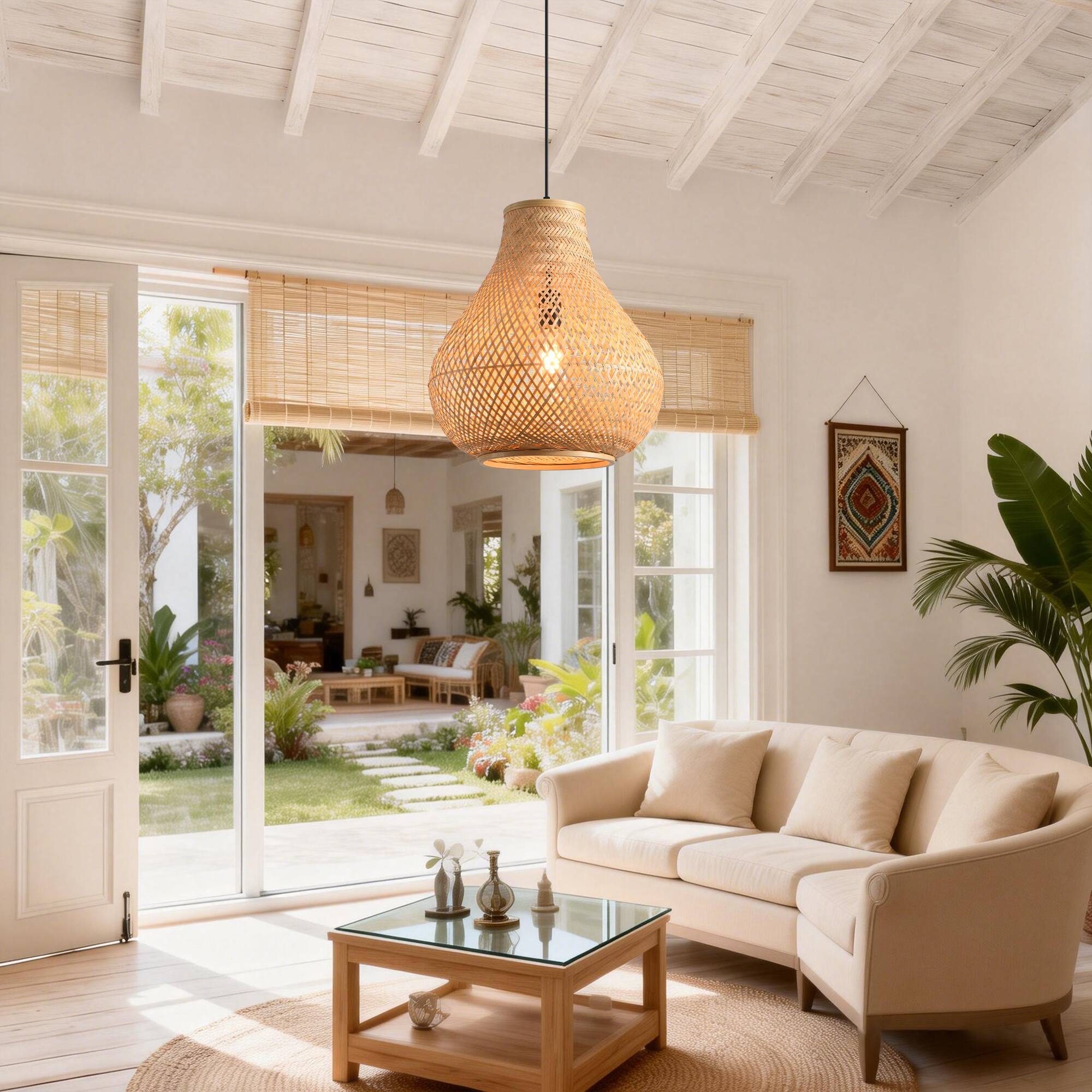 Angle. Parrot Uncle - 1-Light Farmhouse Brown Fish Basket Shape Bamboo Hand-Woven Pendant Lamp.