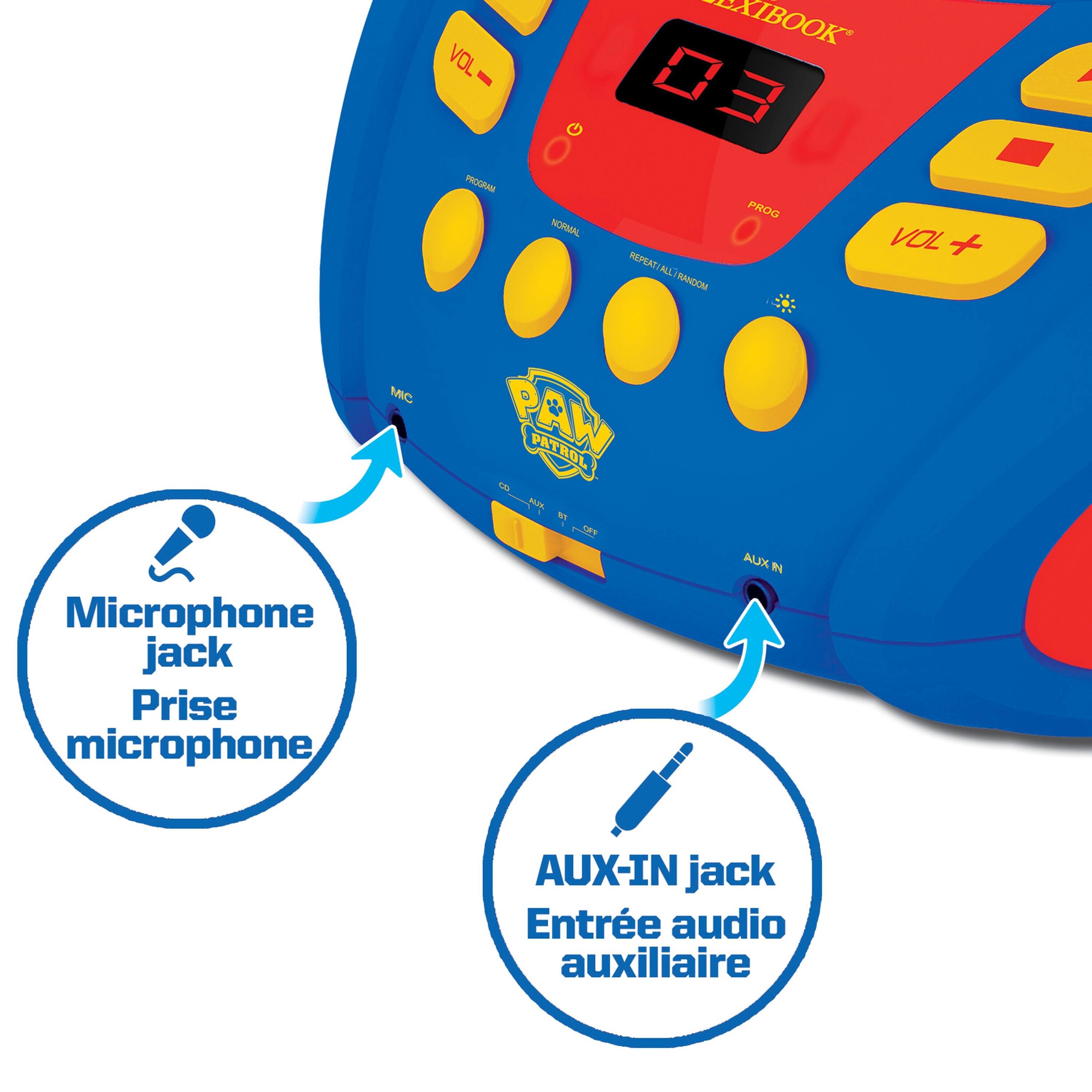 - VOL PROGRAM NORMAL EXIBOOK 03 PROO O VOL + REPEAT ALL/RANDOM
- MIC Microphone jack Prise microphone
- AUX-IN jack Entrée audio auxiliaire