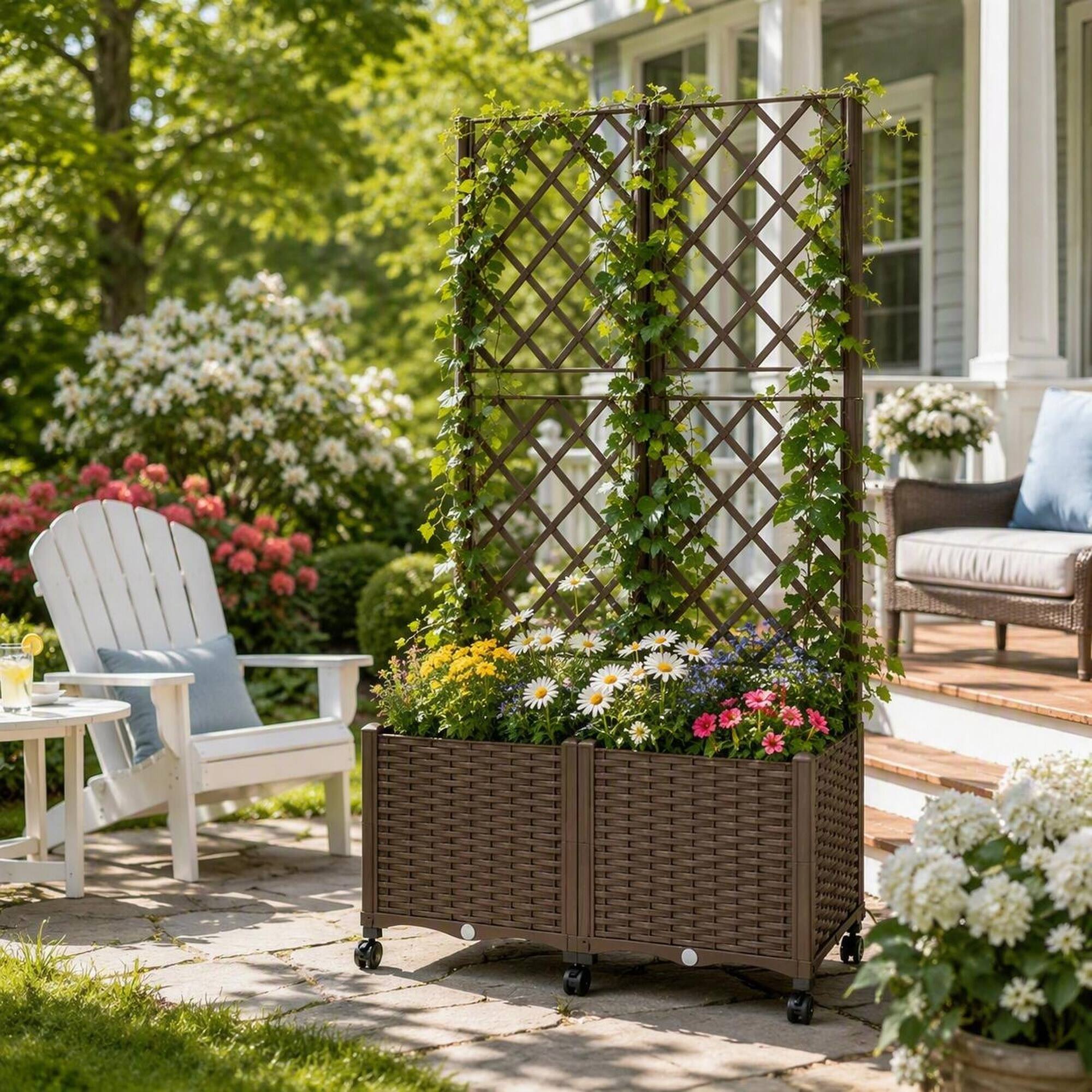 Left. RYHNUYNE - Mobile Raised Garden Bed with Trellis and Self-Watering Reservoir, Wicker Brown PP Plastic Planter on Wheels - Brown.