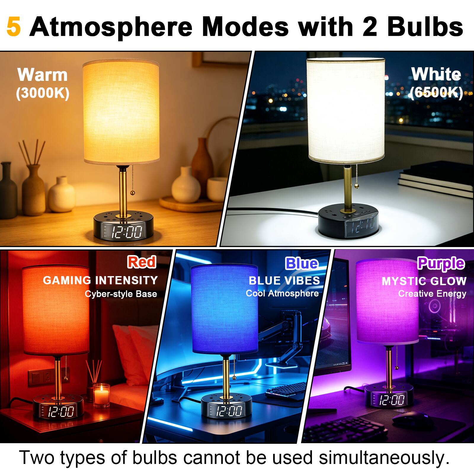 5 Atmosphere Modes with 2 Bulbs

Warm (3000K)  
White (6500K)  

Red  
GAMING INTENSITY  
Cyber-style Base  

Blue  
BLUE VIBES  
Cool Atmosphere  

Purple  
MYSTIC GLOW  
Creative Energy  

Two types of bulbs cannot be used simultaneously.
