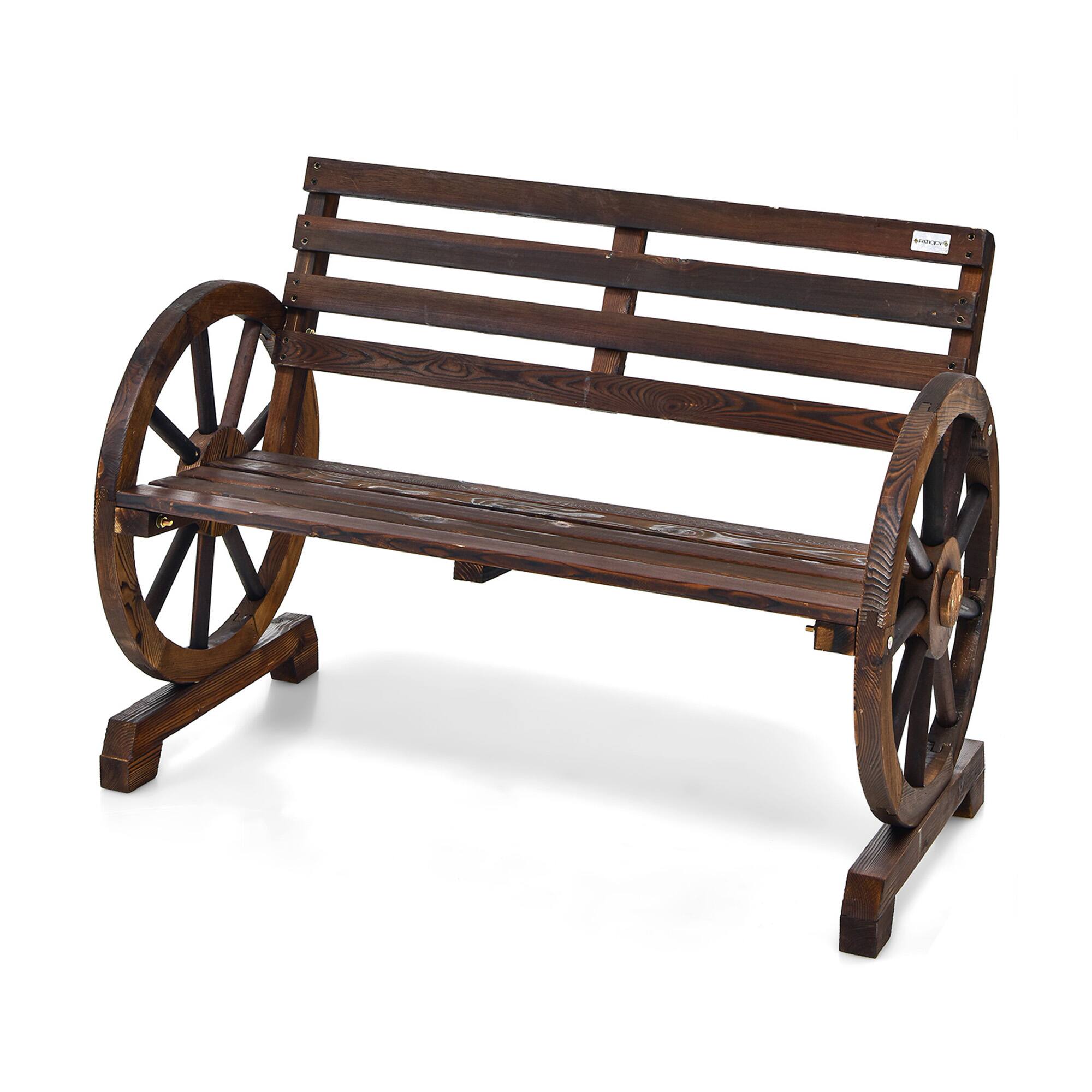 Alt View 9. Gymax - Gymax Patio Wagon Wheel Bench Outdoor Garden Wooden Rustic Bench w/ Slatted Design - Brown.
