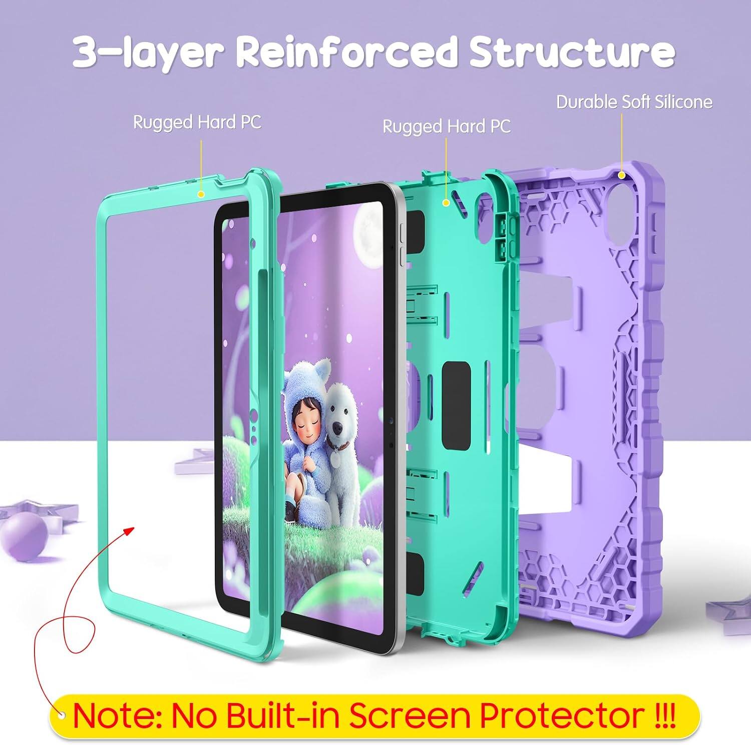 3-layer Reinforced Structure  
Durable Soft Silicone  
Rugged Hard PC  
Rugged Hard PC  

Note: No Built-in Screen Protector!!!