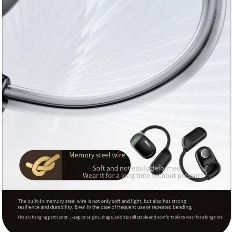 Memory steel wire  
Soft and not easily deformed. Wear it for a long time without pressure.  

The built-in memory steel wire is not only soft and light, but also has strong resilience and durability. Even in the case of frequent use or repeated bending, the ear hanging part can still keep its original shape, and it is still stable and comfortable to wear for a long time.