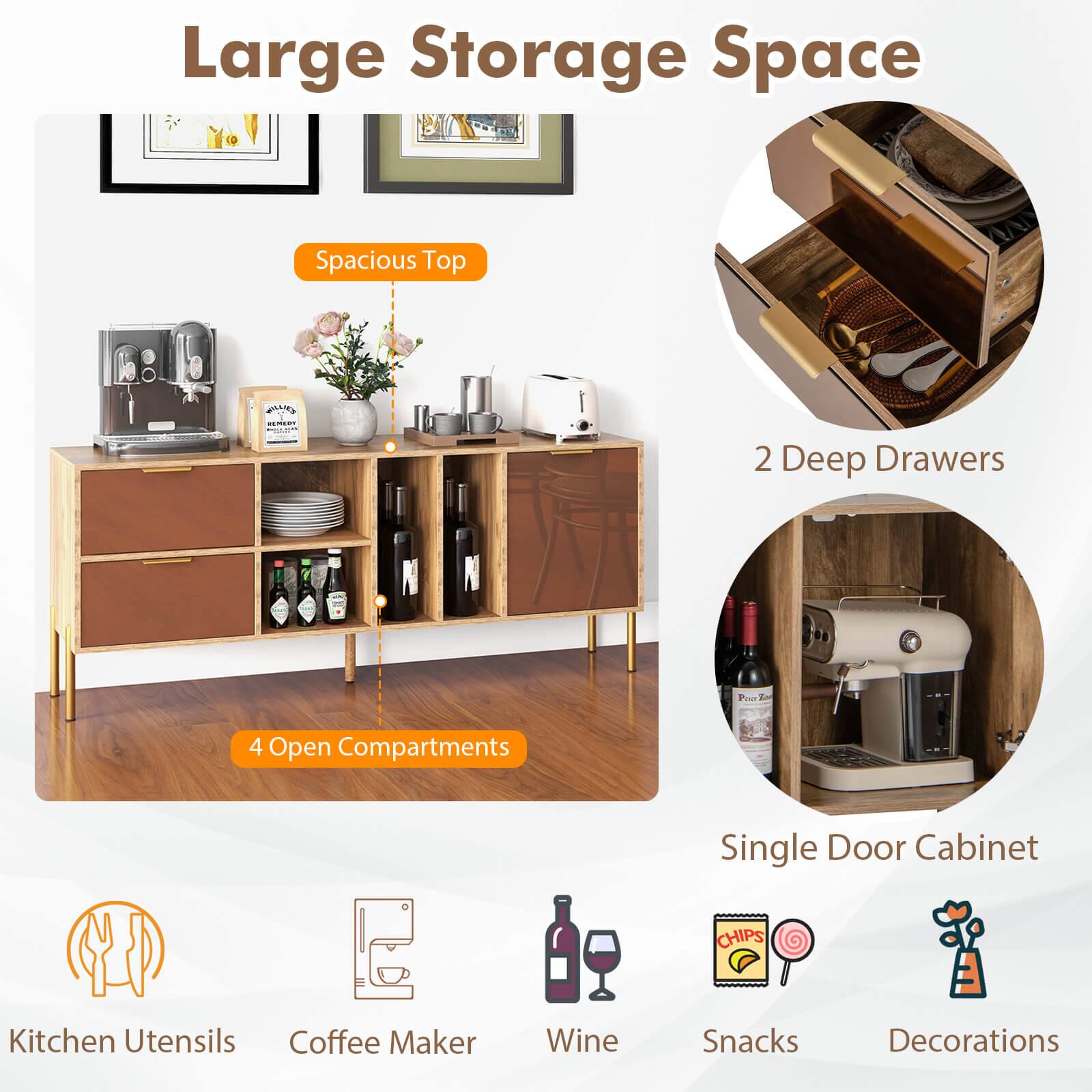 Large Storage Space Spacious Top MLIE ... | 2 Deep Drawers Pins da 4 Open Compartments Single Door Cabinet CHIPS Kitchen Utensils Coffee Maker Wine Snacks Decorations