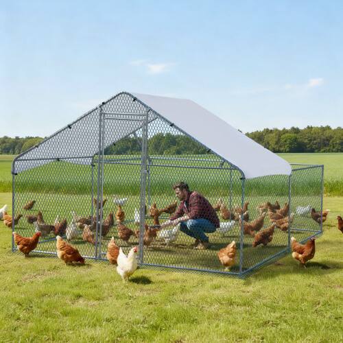 Alt View 9. Winado - 10x9.8FT Metal Poultry Cage Top Partially Open, Walk-in Chicken Pen with Waterproof Cover for Chicken Run Garden Outdoor - Silver Frame, Green Mesh.