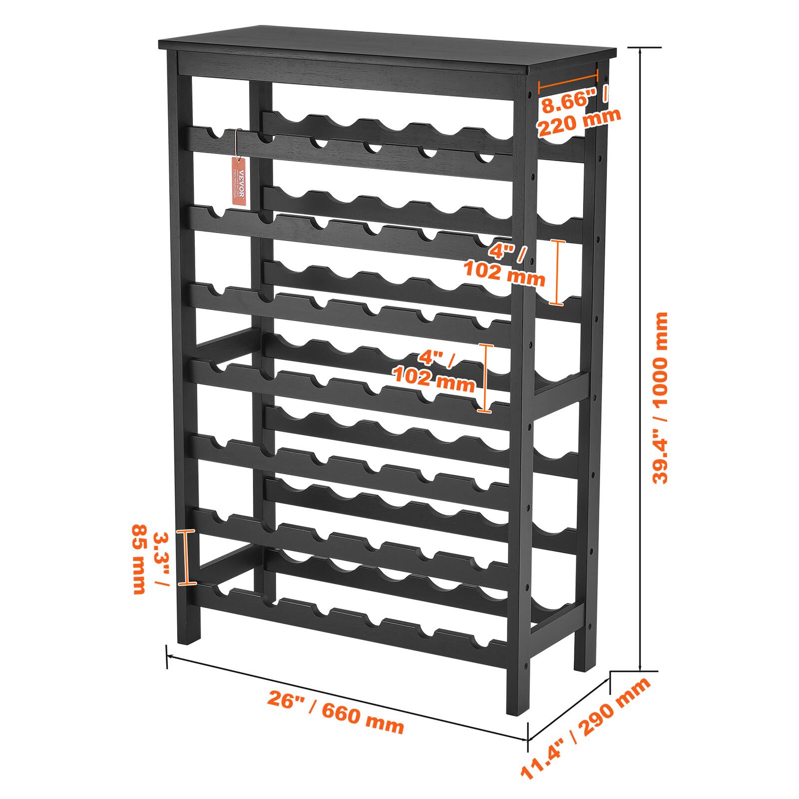 - Height: 8.66" / 220 mm
- Width: 26" / 660 mm
- Depth: 11.4" / 290 mm
- Shelf Spacing: 4" / 102 mm
- Shelf Depth: 4" / 102 mm
- Shelf Thickness: 3.3" / 85 mm
- Total Height: 39.4" / 1000 mm
