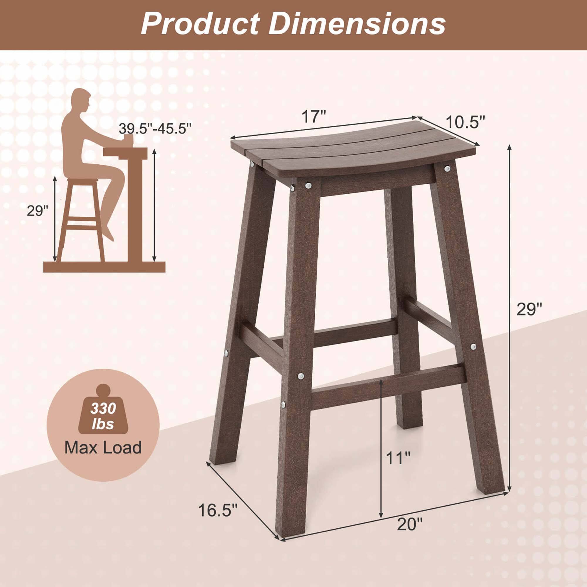 Product Dimensions: 17", 10.5", 39.5"-45.5", 29", 29", 330 lbs Max Load, 11", 16.5", 20"